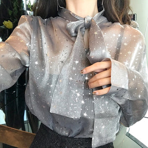 Bow Tie Shining Stars Blouse Long Sleeve Shirt