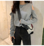 Long Sleeve Hole Shoulder O-Neck Shirt