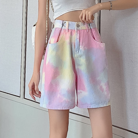 High Waist Tie Dye Wide Leg Shorts Jeans