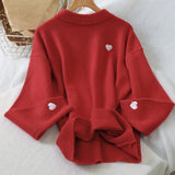 Little Heart Embroidery O-Neck Casual Sweater