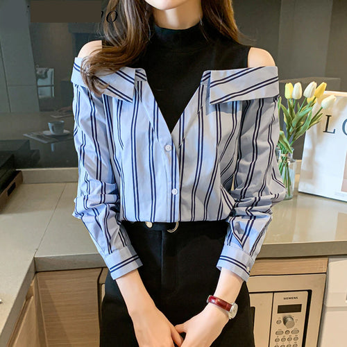 Fake Two Piece Off Shoulder Striped Blouse Shirt