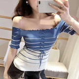 Sexy Slash Neck Striped Knitted Ruffles Shirt