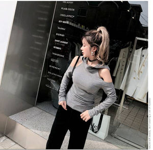 Expose Shoulder Hooded Pullover Tops