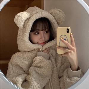 Cute Bear Ears Style Fluffy Jacket