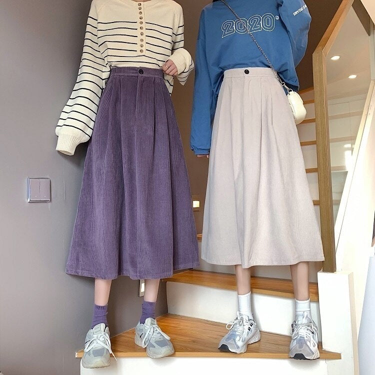 High Waist Solid Corduroy A-Line Long Skirts