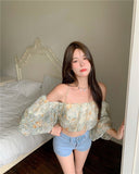 Sexy Floral Strap Puff Sleeve Blouse Shirt