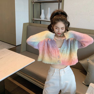 Cropped Rainbow Knitted Cardigan Sweater