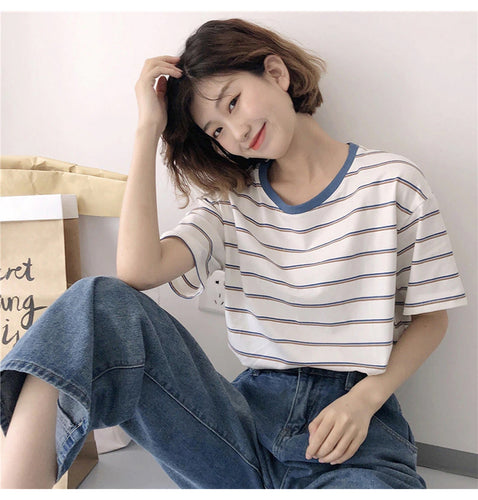 Blue Collar Inserted Color Stripes Loose Shirt