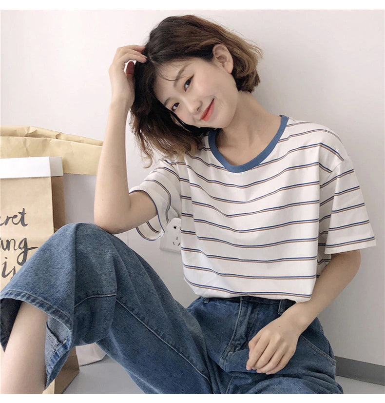 Blue Collar Inserted Color Stripes Loose Shirt