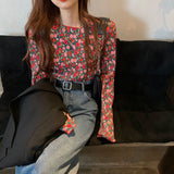Long Sleeve Retro Floral Basic Chiffon Shirt