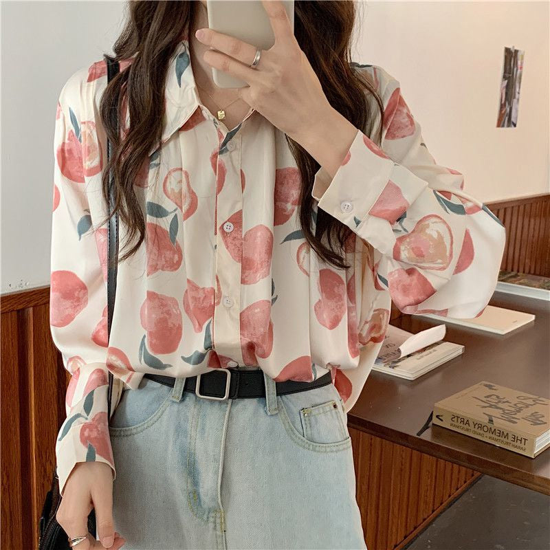 Retro Peach Pattern Printed Blouse Shirt