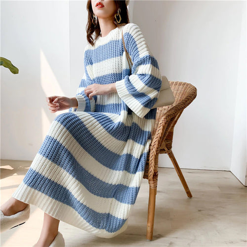 Vintage Loose Striped Long Knitted Dress Sweater