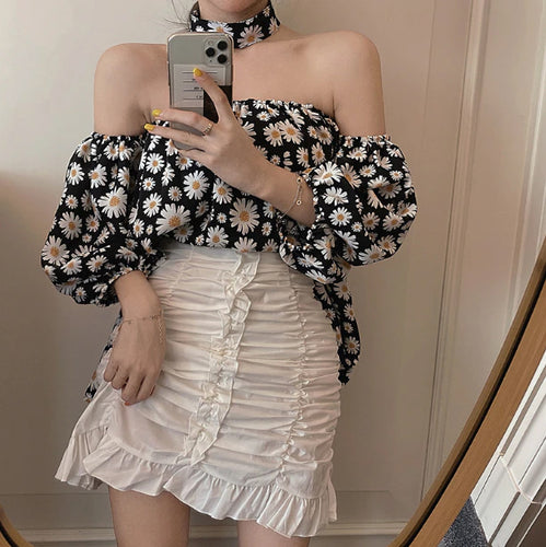 Loose Off Shoulder Daisy Printed Blouse Shirt