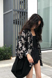 Long Sleeve Floral Printed Black Blouse Shirt