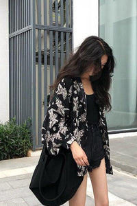Long Sleeve Floral Printed Black Blouse Shirt