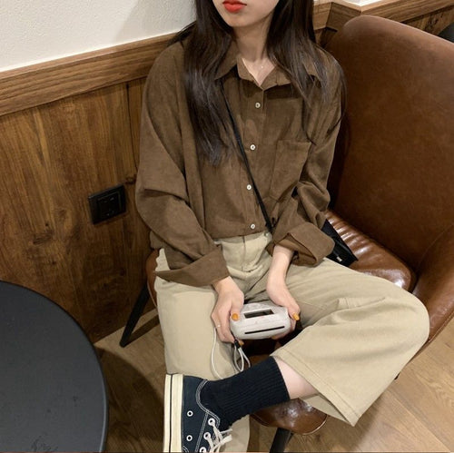 Long Sleeve Loose Turn Down Collar Retro Shirt