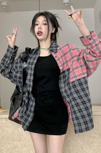 Loose Combine Colors Plaid Blouse Shirt