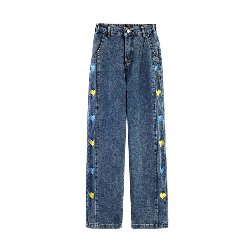 Color Heart Side Pattern Embroidery Jeans – Tomscloth