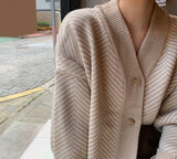 Striped V-Neck Cardigan Buttons Oversize Sweater