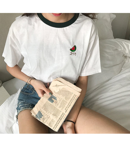  Fruit Embroidered Sleeve Female T-Shirt