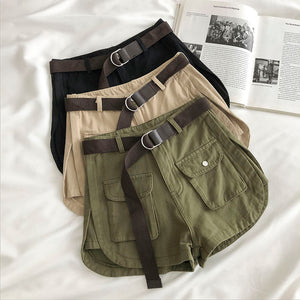 High Waist Belted Double Front Pocket Shorts