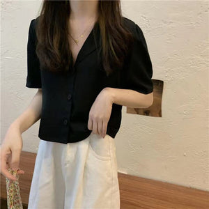Notched Style Collar Cropped Blouse Shirt
