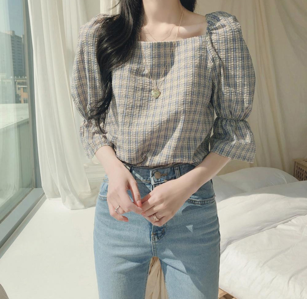 Square Collar Linen Cotton Plaid Blouse Shirt