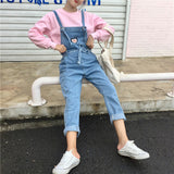 Love Embroidery Tie Belt Adjustable Denim Ankle Jumpsuit