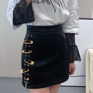 Pins Asymmetrical Leather Mini Skirt