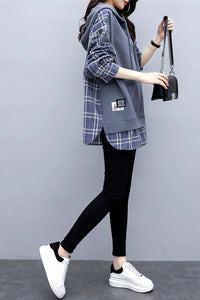 Casual Two Piece Plaid Style Hooded Sweatshirt