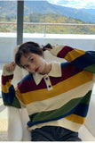Hit Color Turn Down Collar Striped Sweater