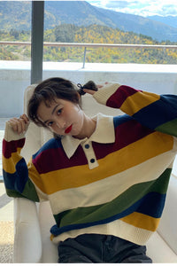 Hit Color Turn Down Collar Striped Sweater