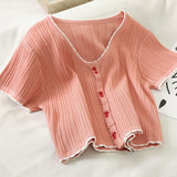 V Neck Slim Button Up Casual Knitted Cropped Shirt
