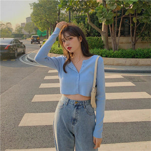 Long Sleeve Knitted Slim Cropped Shirt