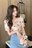 Puff Sleeve Rose Pattern Office Blouse Shirt