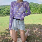 Daisy Printed O-Neck Sexy Transparent Shirt