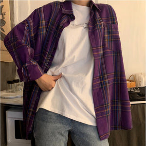 Loose Casual Purple Plaid Long Sleeve Shirt