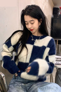 Blue Checkered Pattern Casual Sweater