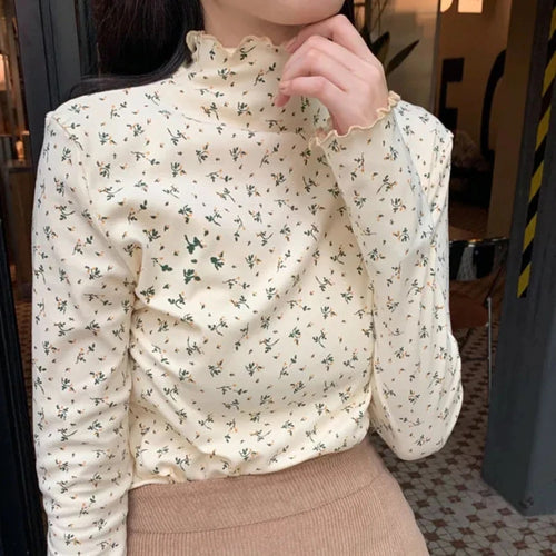 Long Sleeve Floral Pattern Turtleneck Ruffle Shirt