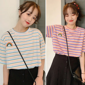 Rainbow Pocket Embroidered Casual Striped Shirt