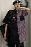 Heart Printed Plaid Splice Paired Blouse Shirt