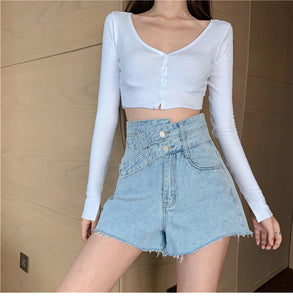 Double Belted Sexy Irregular Denim Shorts Jeans