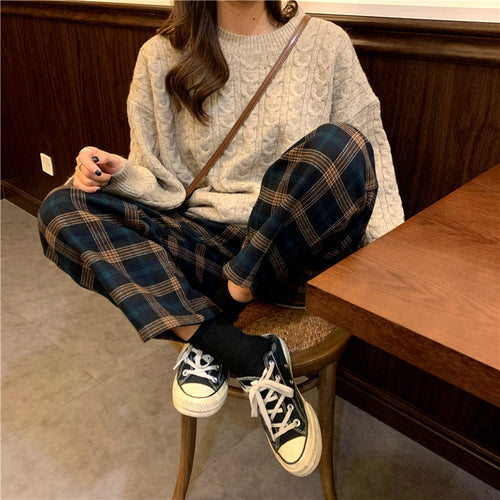 High Waist Loose Thick Fleece Plaid Pants