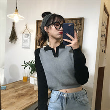 Long Sleeve Turn Down Collar Knitted Crop Slim Sweater