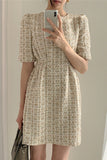 High Waist Puff Sleeve Plaid Knitted Elegant Party Dress