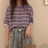 Short Sleeve Striped Colors Collar Shirt