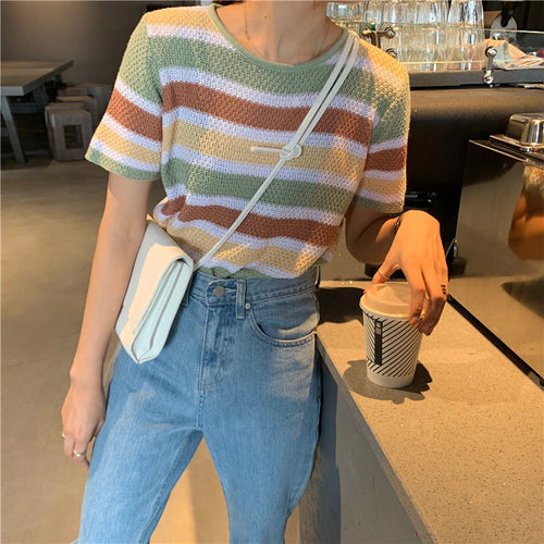 Vintage Striped Color O-Neck Knitted Shirt