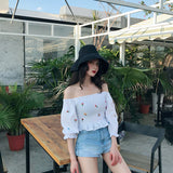 Vintage Flower Embroidery Off Shoulder Cropped Blouse