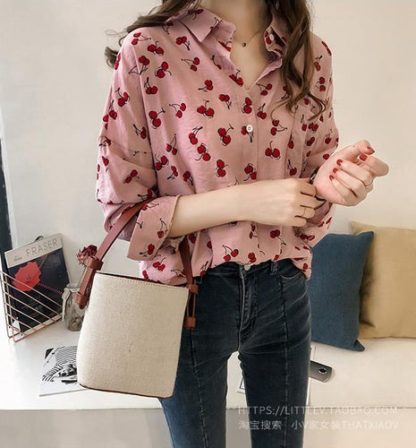 Cherries Full Printed Long Sleeve Blouse Shirt