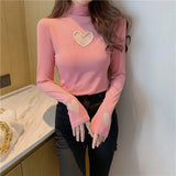Pearl Heart Shaped Turtleneck Long Sleeve Sweater